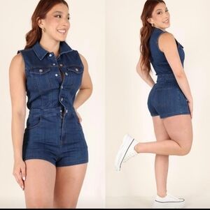 iris Dark Blue Denim Sleeveless Romper Shorts
